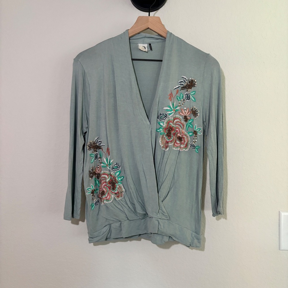 Akemi + Kin Top Surplice M Embroidered Beaded Sage Green Boho Cottagecore